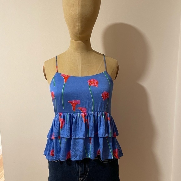Caroline Constas Silk Top Med Softgirl Nadine Ruffle Floral Tank Print Blue - Picture 1 of 13